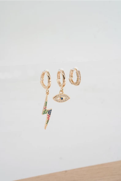 Kadın Vip Seri Baget Zirkon Taşlı 3'lü Küpe Seti - Resim 2