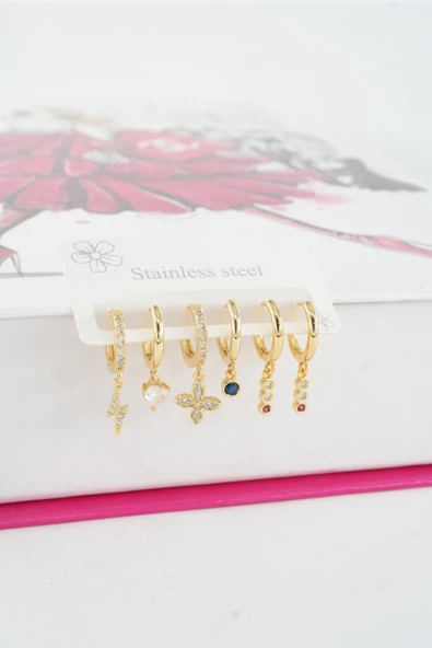 Kadın Vip Seri Özel Tasarım Baget Zirkon Taşlı 6'lı Küpe Seti ürün görseli