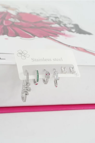 Kadın Vip Seri Özel Tasarım Baget Zirkon Taşlı 6'lı Küpe Seti ürün görseli