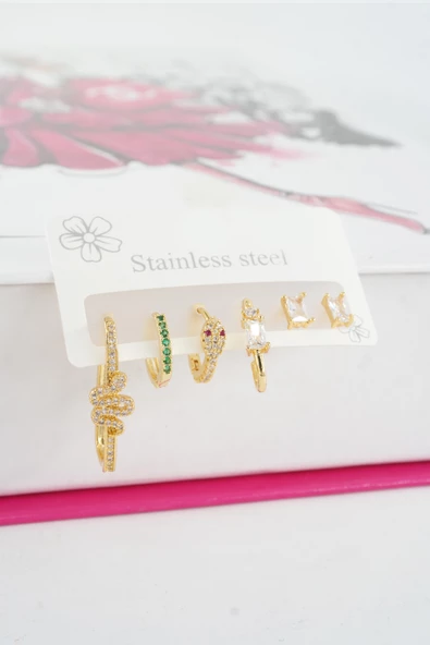 Kadın Vip Seri Özel Tasarım Baget Zirkon Taşlı 6'lı Küpe Seti ürün görseli