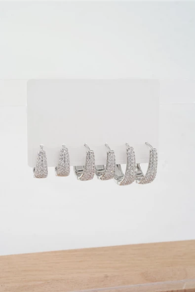 Kadın Vip Seri Özel Tasarım Baget Zirkon Taşlı 6'lı Küpe Set - Resim 2