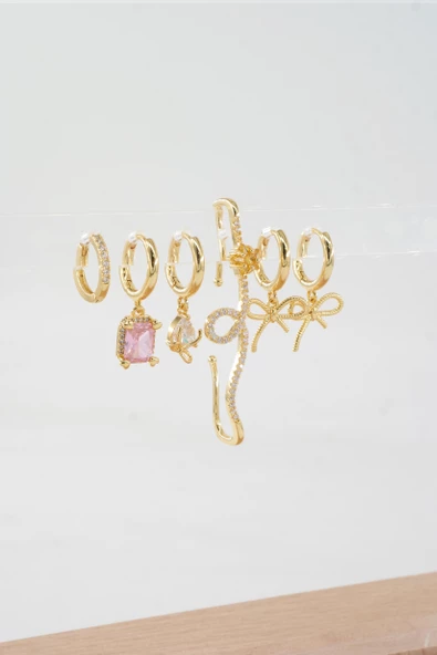 Kadın Vip Seri Özel Tasarım Baget Zirkon Taşlı 6'lı Küpe Seti - Resim 4