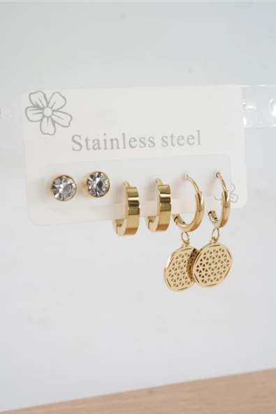 Kadın 316 L Paslanmaz Çelik Kararmaz  6'lı Küpe Seti - Resim 2