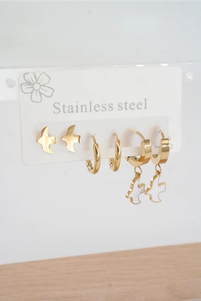 Kadın 316 L Paslanmaz Çelik Kararmaz  6'lı Küpe Seti - Resim 2