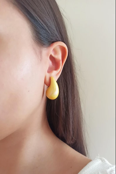 Kadın Özel Tasarım Su Damlası Modeli Seramik Sarı Küpe - Resim 2