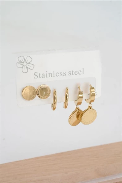 Kadın 316 L Paslanmaz Çelik Kararmaz  6'lı Küpe Seti - Resim 2