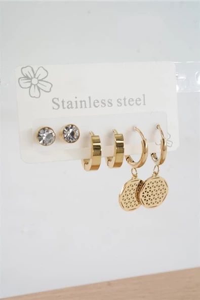 Kadın 316 L Paslanmaz Çelik Kararmaz  6'lı Küpe Seti - Resim 2