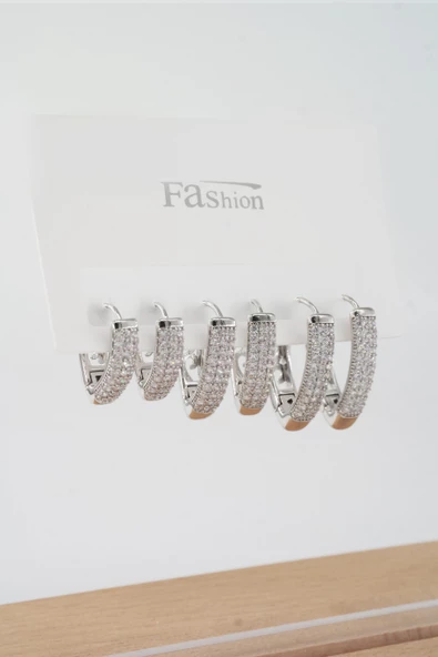 Kadın Vip Seri Zirkon Taşlı 3 Boy 6'lı Küpe Seti - Resim 2