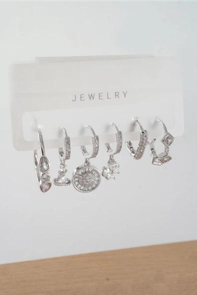 Kadın Vip Seri Zirkon Taşlı Karışık Figürlü 6'lı Küpe Seti ZRK0030 - Resim 3