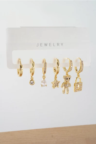 Kadın Vip Seri Zirkon Taşlı Karışık Figürlü 6'lı Küpe Seti ZRK0020 - Resim 2