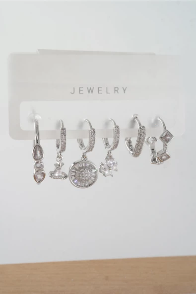 Kadın Vip Seri Zirkon Taşlı Karışık Figürlü 6'lı Küpe Seti ZRK0030 - Resim 2