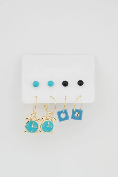 Kadın Saat ve Boncuk Figürlü 8'li Küpe Set ürün görseli