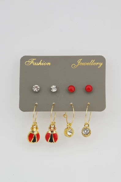 Kadın Uğur Böcekli ve Tek Taş Detaylı 8'li Küpe Set ürün görseli