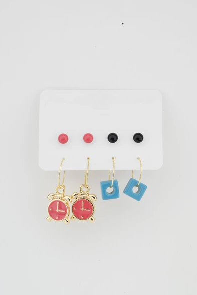 Kadın Saat ve Boncuk Figürlü 8'li Küpe Set ürün görseli