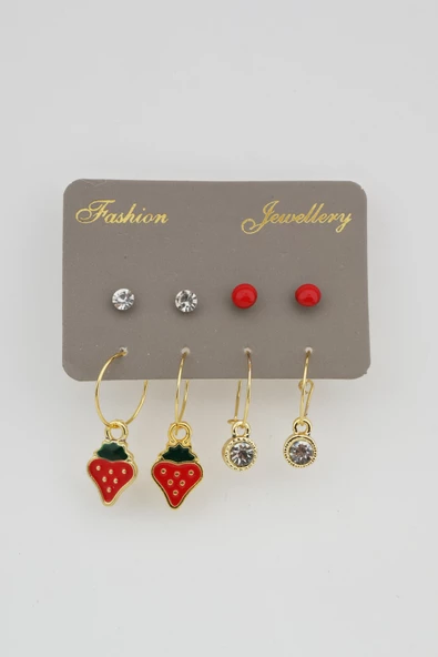 Kadın Çilek Figürlü ve Tek Taş Detaylı 8'li Küpe Set ürün görseli