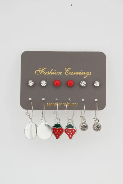 Kadın Mineli  Çilek Detaylı 12 'li Küpe Set ürün görseli