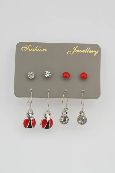 Kadın Uğur Böcekli ve Tek Taş Detaylı 8'li Küpe Set ürün görseli