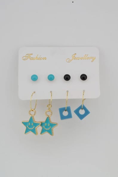 Kadın Mineli Yıldız ve Boncuk Detaylı 8 'li Küpe Set ürün görseli