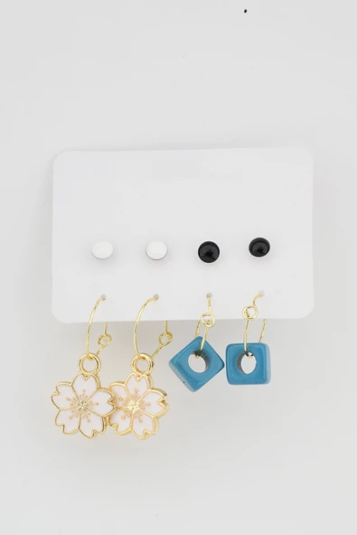 Kadın Mineli Çiçek ve Boncuk Detaylı 8'li Küpe Set ürün görseli