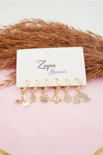 Kadın Karışık Figürlü Zirkon  6'lı Set Küpe - Resim 2