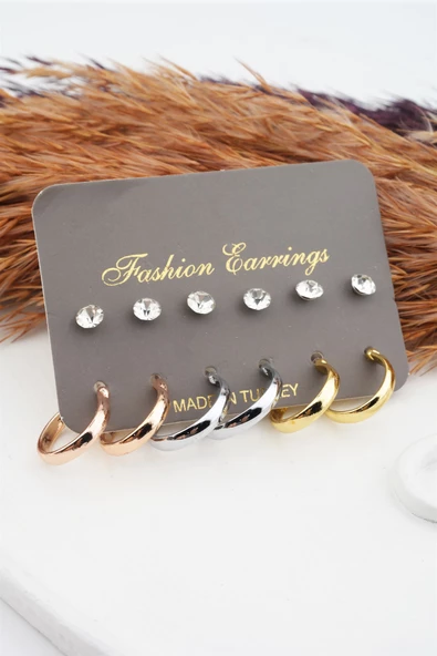 Kadın 3 Renk Halka ve Taşlı 12'li Set Küpe - Resim 2