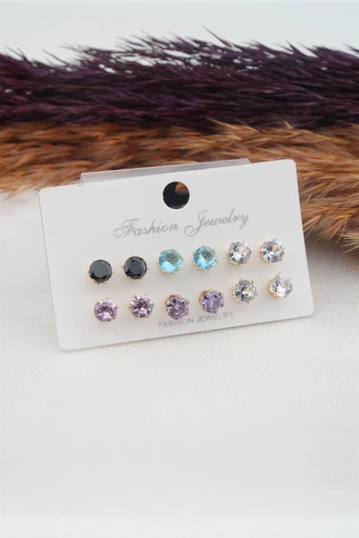 Kadın 6 Boy 12 Adet Renkli Oval Model Zirkon Taşlı Küpe Seti ürün görseli