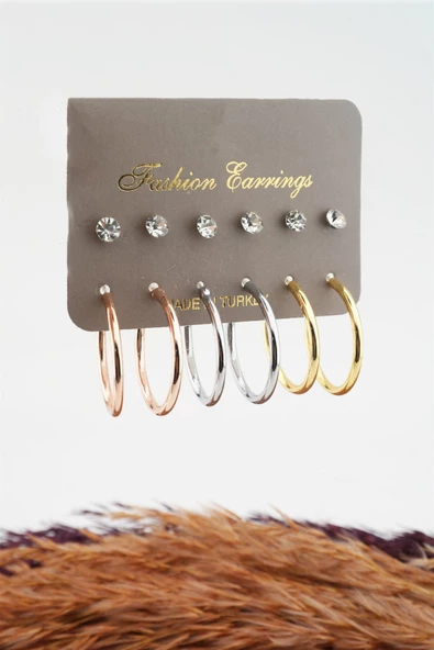 Kadın 3 Renk Halka ve Taşlı 12'li Set Küpe ürün görseli