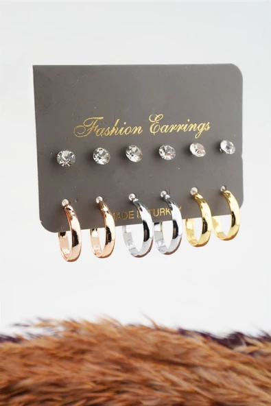 Kadın 3 Renk Halka ve Taşlı 12'li Set Küpe ürün görseli