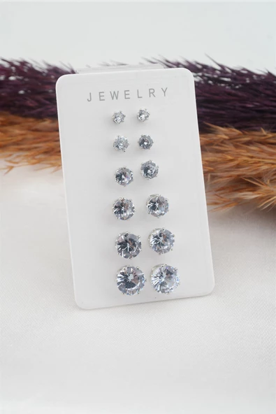 Kadın 6 Boy 12 Adet Oval Model Zirkon Taşlı Küpe Seti ürün görseli