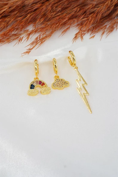 Kadın Baget Zirkon Taşlı Bulut ve Şimşek Figürlü 3'lü Set Küpe - Resim 2