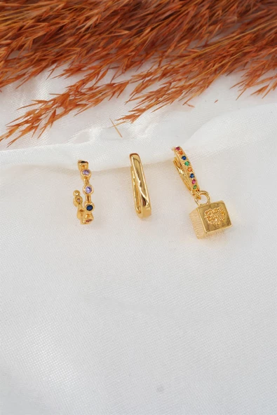 Kadın Zirkon Taşlı  3'lü Set Küpe - Resim 2