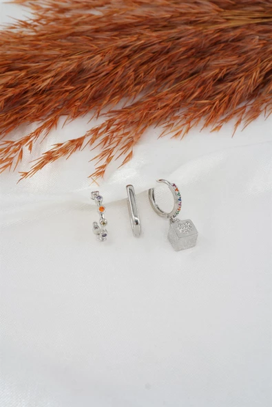 Kadın Zirkon Taşlı  3'lü Set Küpe - Resim 2