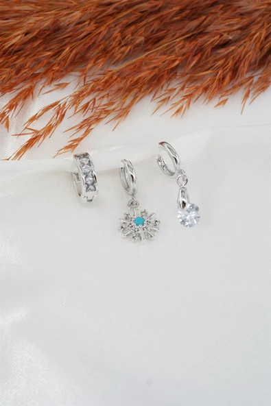 Kadın Baget Zirkon Taşlı 3'lü Set Küpe - Resim 2