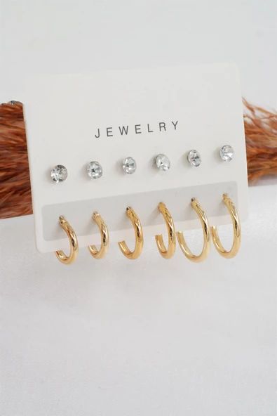 Kadın Geometrik 3 Boy Zirkon Taşlı Halka Küpe Seti ürün görseli