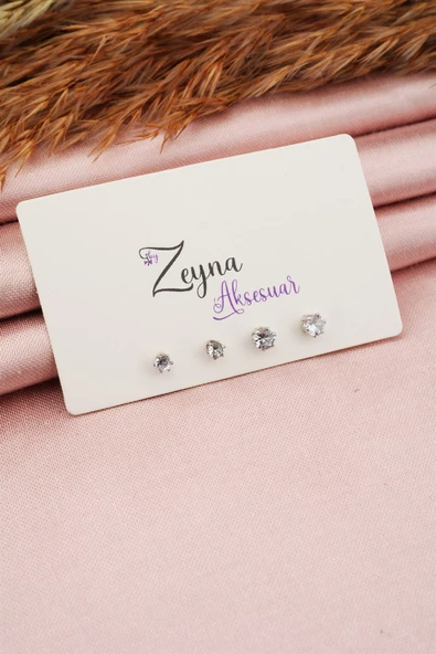 Kadın 2 Boy Zirkon Yuvarlak Taşlı 4'lü Küpe Seti ürün görseli