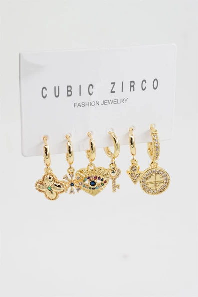 Kadın Yonca Figürlü Zirkon Taşlı 6'lı Set Küpe - Resim 2