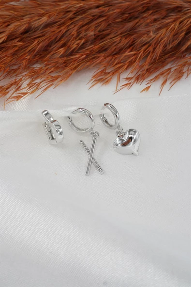 Kadın Zirkon Taşlı Kalp Figürlü 3'lü Set Küpe - Resim 2