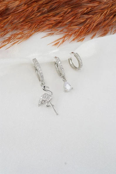 Kadın Zirkon Taşlı Flamingo Figürlü 3'lü Set Küpe - Resim 2