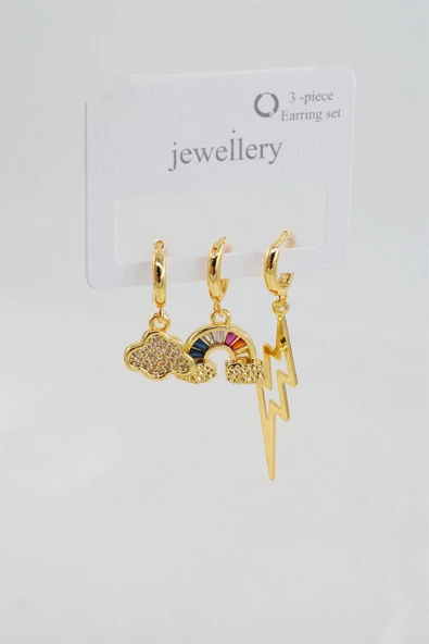 Kadın Baget Zirkon Taşlı Bulut ve Şimşek Figürlü 3'lü Set Küpe ürün görseli