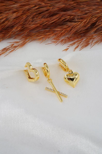 Kadın Zirkon Taşlı Kalp Figürlü 3'lü Set Küpe - Resim 2