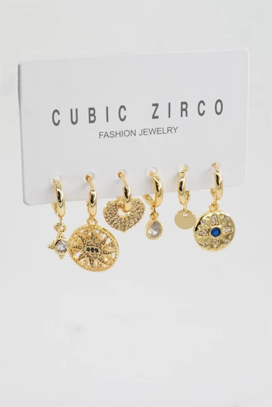 Kadın Kalp Figürlü Zirkon Taşlı 6'lı Set Küpe ürün görseli