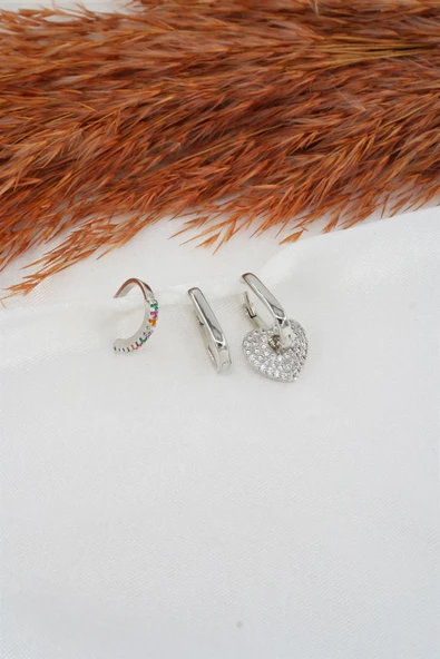 Kadın Zirkon Taşlı Kalp Figürlü 3'lü Set Küpe - Resim 2