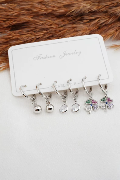 Kadın Yonca Figürlü Baget Zirkon Taşlı Karma Figürlü 6'lı Set Küpe
