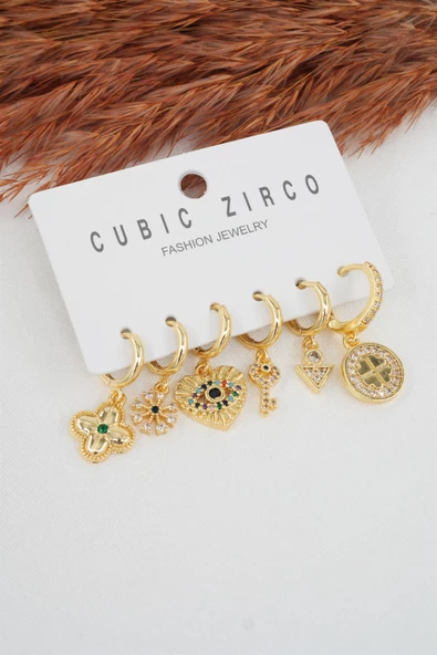 Kadın Yonca Figürlü Zirkon Taşlı 6'lı Set Küpe ürün görseli