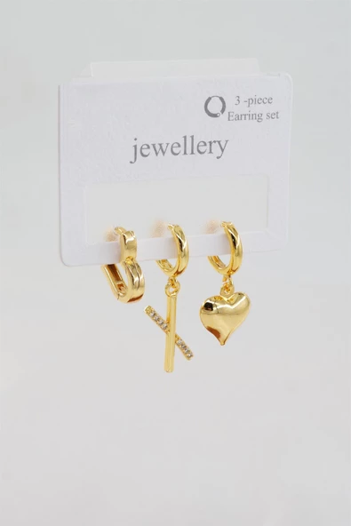 Kadın Zirkon Taşlı Kalp Figürlü 3'lü Set Küpe ürün görseli