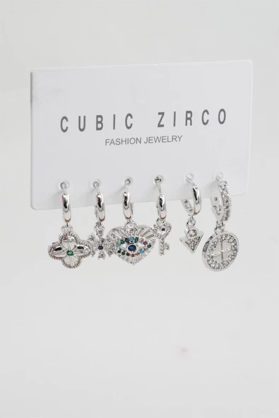 Kadın Yonca Figürlü Zirkon Taşlı 6'lı Set Küpe - Resim 2