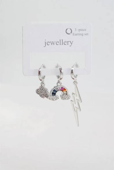 Kadın Baget Zirkon Taşlı Bulut ve Şimşek Figürlü 3'lü Set Küpe ürün görseli