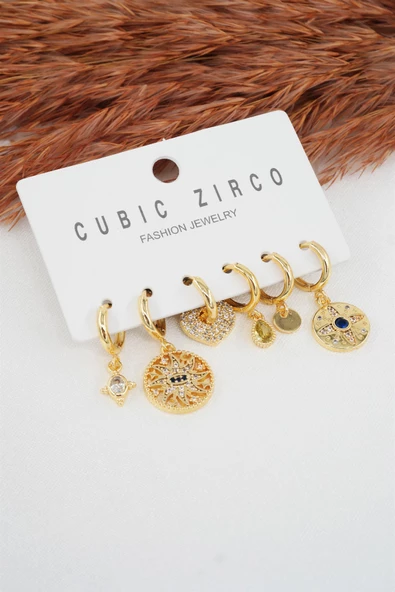 Kadın Kalp Figürlü Zirkon Taşlı 6'lı Set Küpe - Resim 2