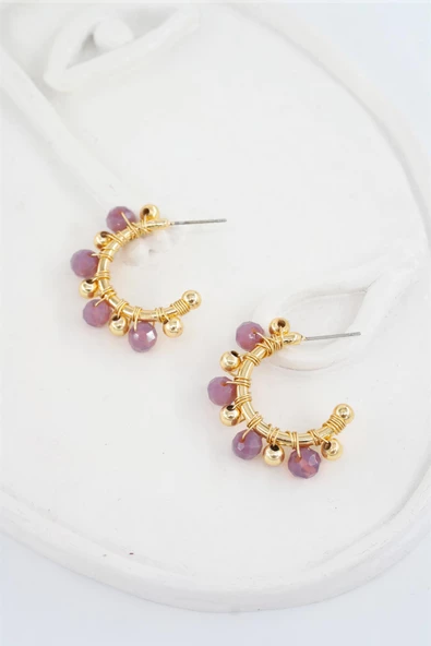 Kadın Özel Tasarım Fuşya Kristal Taş ve Boncuklu 3 cm Halka Küpe ürün görseli