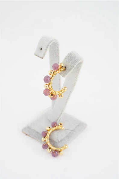 Kadın Özel Tasarım Fuşya Kristal Taş ve Boncuklu 3 cm Halka Küpe - Resim 2